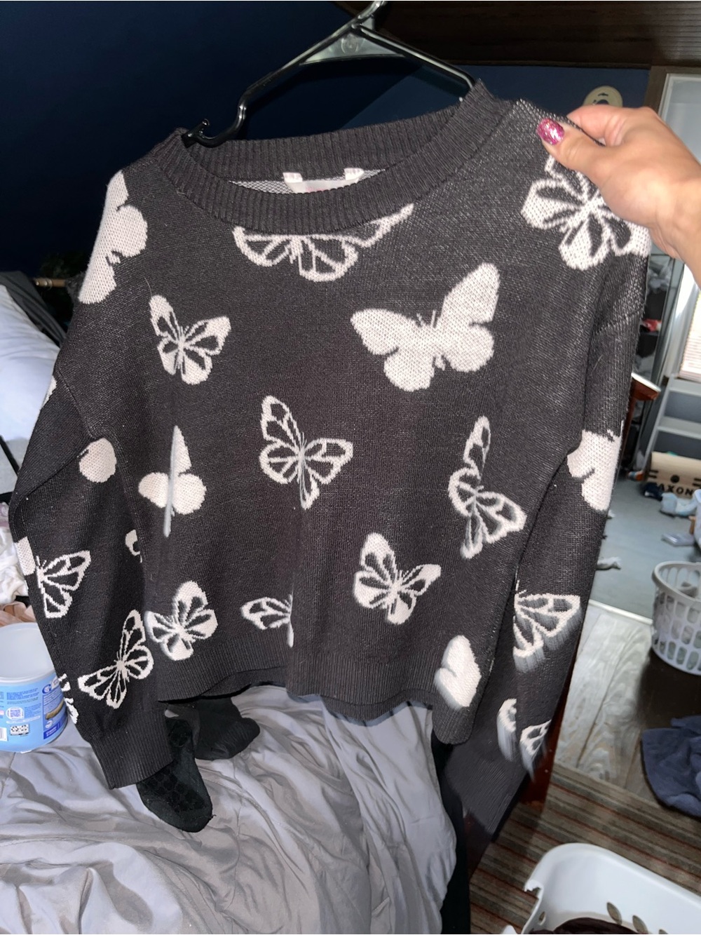No Boundaries Black Crewneck Sweater with White Butterfly Print
